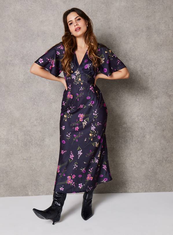 EVERBELLE Black Floral Printed Satin Tea Dress 16